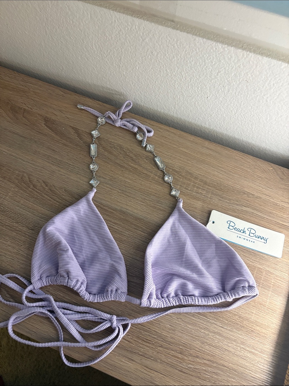 Beach Bunny Lavender Ribbed Triangle Bikini Top with Crystal Chain